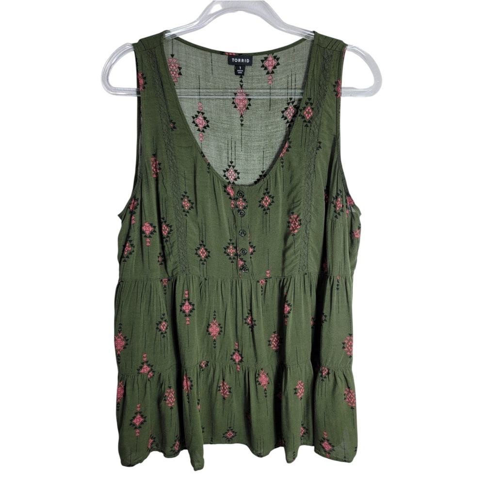 Torrid Womens 1X Tank Top Olive Green Tiered Boho Tribal Rayon Sleeveless - Picture 1 of 7